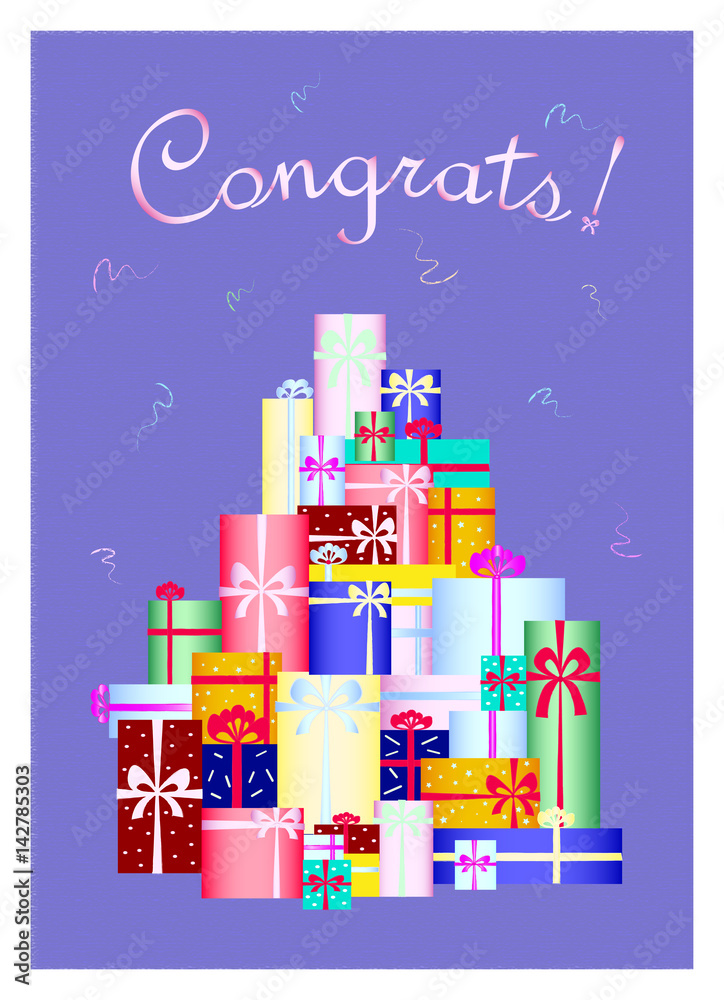 greetings card with many multicolored gift boxes, vertical