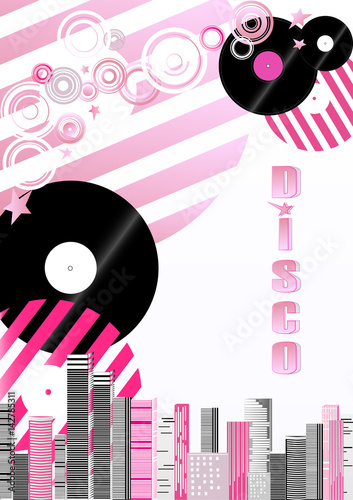 Disco theme illustration. Black and pink striped disks on the background of the city. vertical