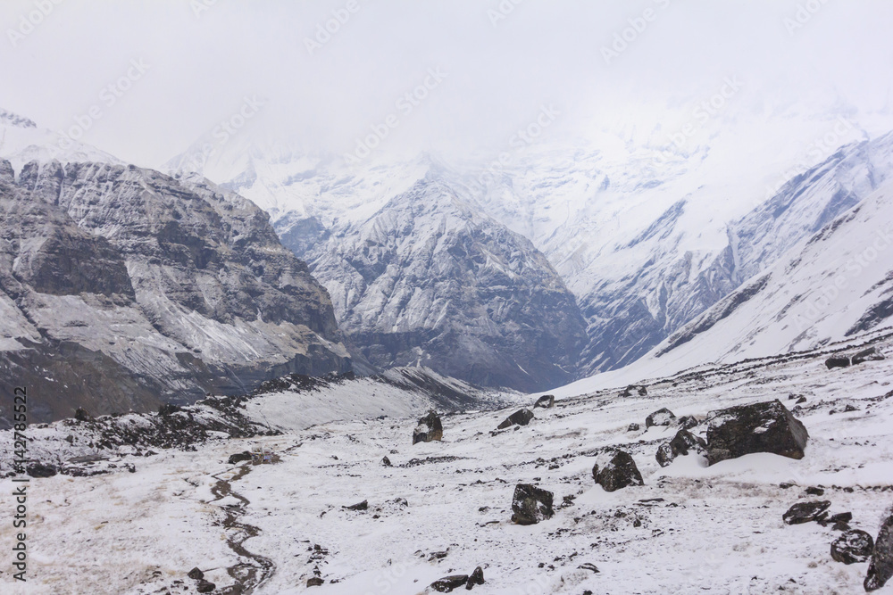 Snow in Himalaya Annapurna mountain base camp, Nepal