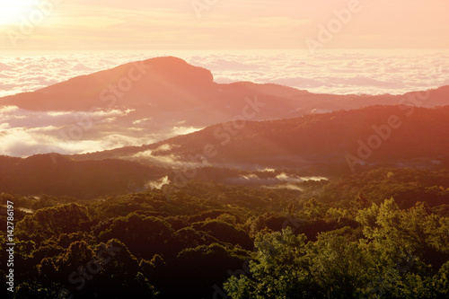 Beautiful landscape sunrise at Doi Intanon National Park View point, Chiang Mai Thailand