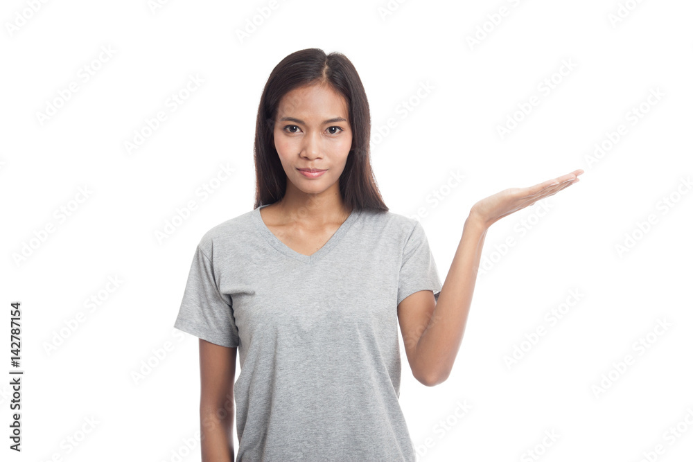 Beautiful young Asian woman show palm hand. Beautiful young Asian woman show palm hand.
