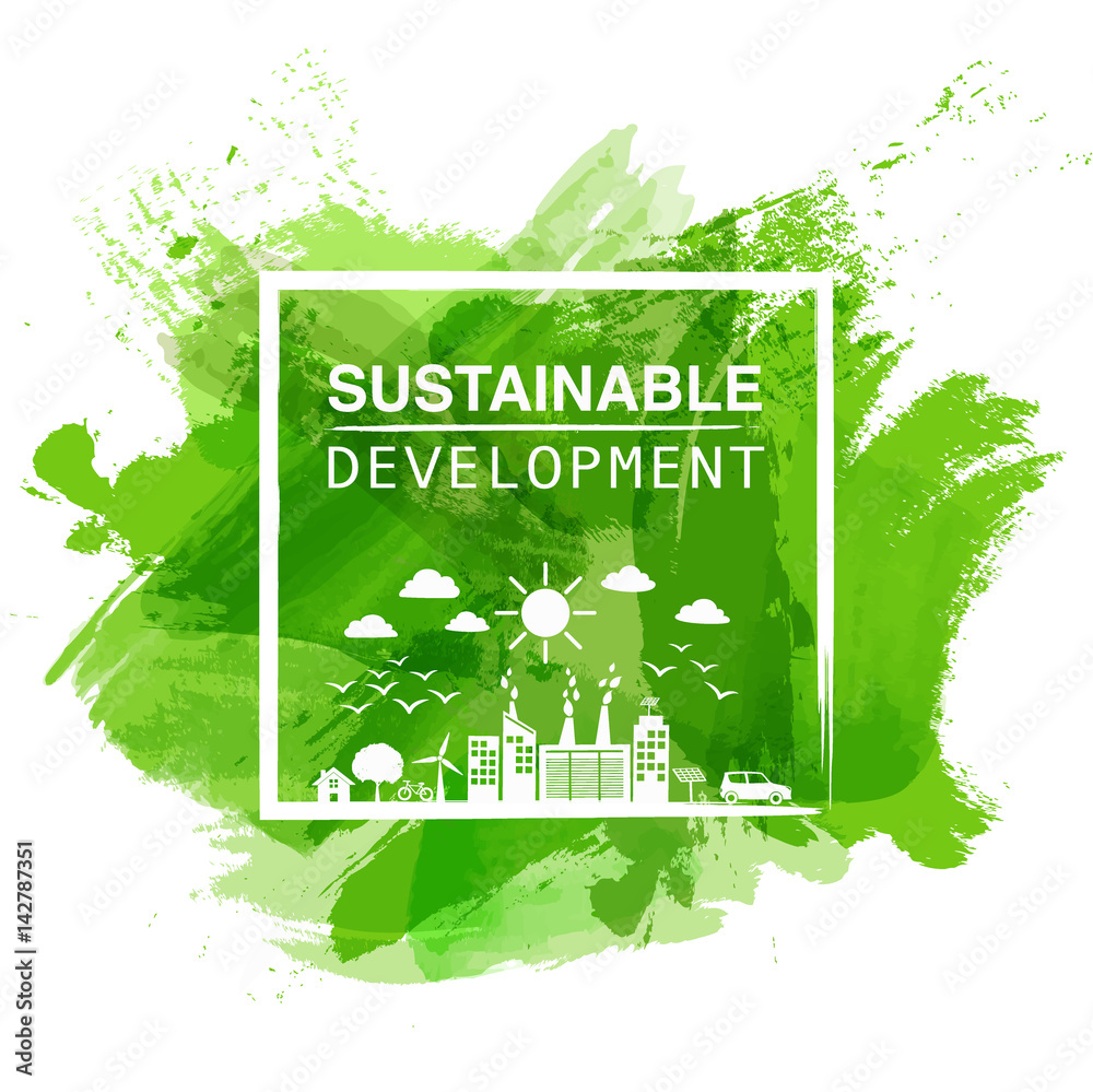 Sustainable development logo with green watercolor paint background