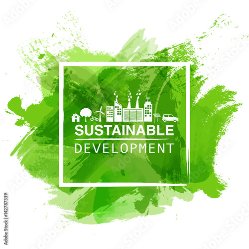Sustainable development logo with green watercolor paint background, Vector illustration