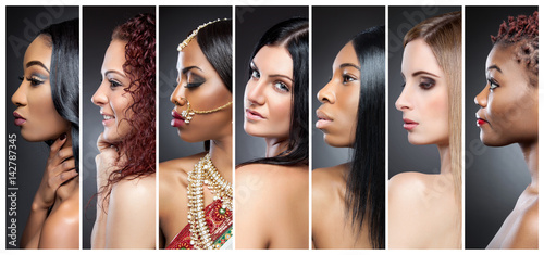 Profile view collage of multiple women with various skin tones photo