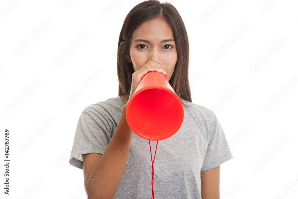 Beautiful young Asian woman announce with megaphone. Beautiful young Asian woman announce with megaphone.