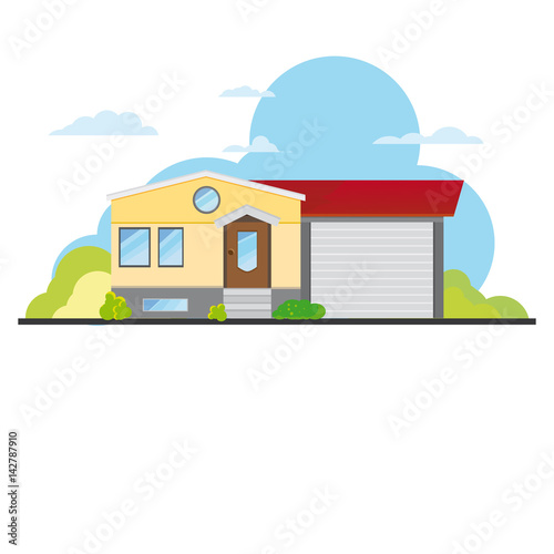 Flat Modern House With Grass, Garage With Luxury Windows With Clouds