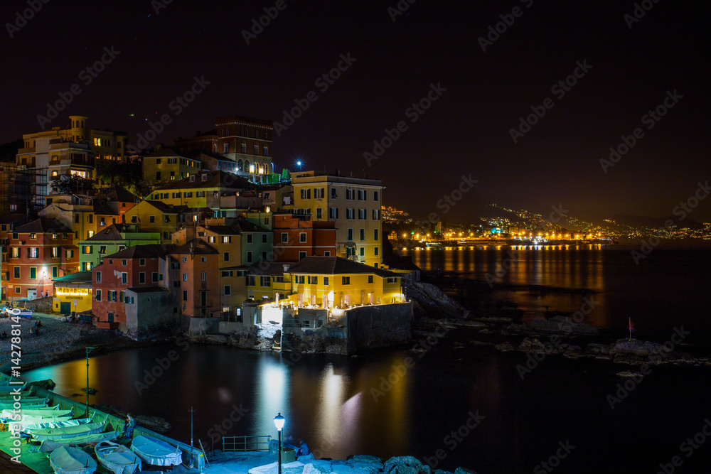 GENOA (GENOVA), ITALY, MARCH 29, 2017 - Genoa (Genova) Boccadasse by night, a fishing village and colorful houses