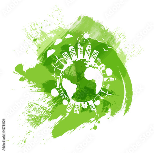 Green city of the world, Eco friendly concept with green watercolor paint background