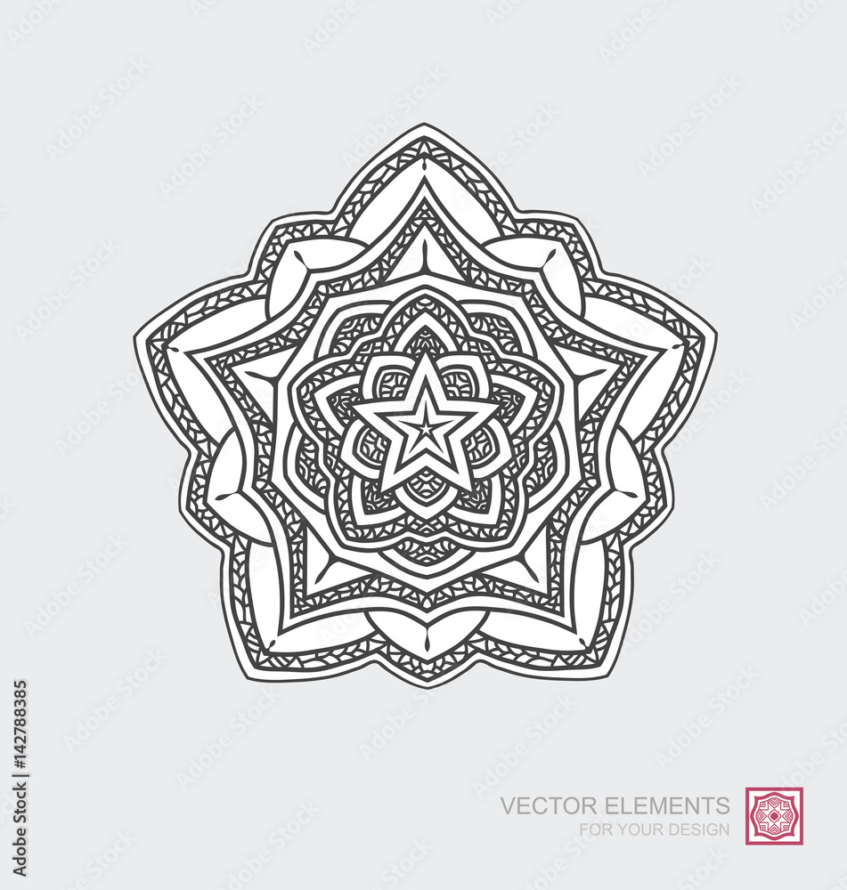 Floral abstract ornament of round shape. Mandala, graphic elements are drawn by hand. Modernistic Minimalist Art.