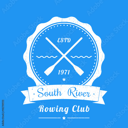 Rowing club vintage logo, emblem, vector sign on blue