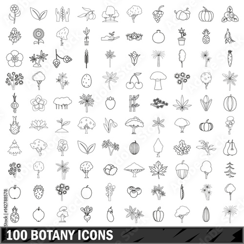 100 botany icons set  outline style