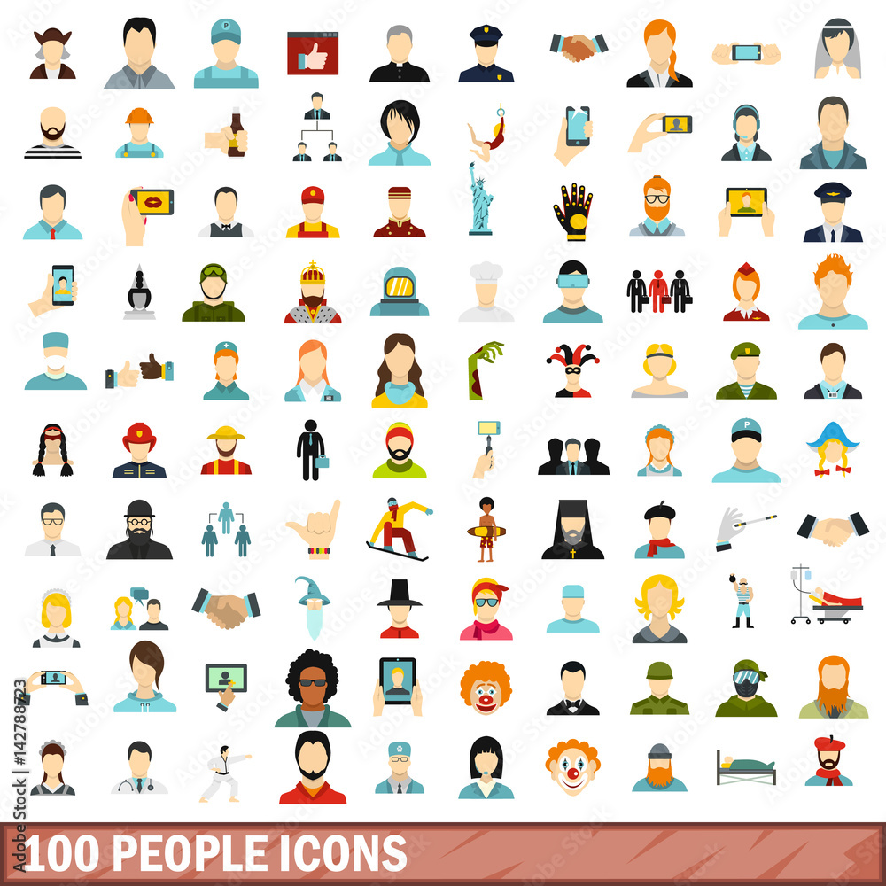 100 people icons set, flat style 100 people icons set, flat style