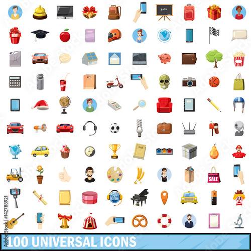 100 universal icons set, cartoon style