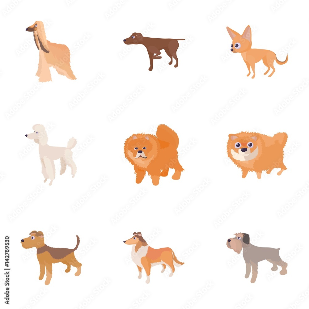 Types of dogs icons set, cartoon style