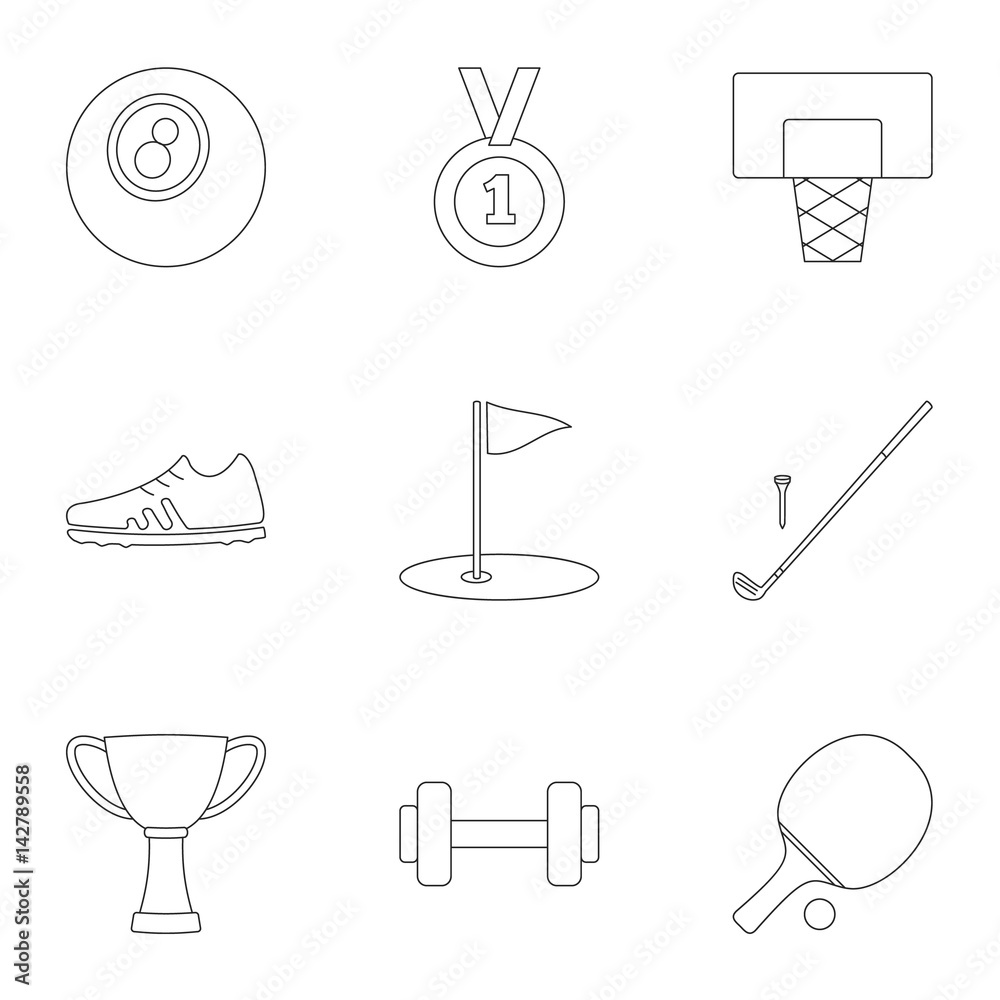 Sports accessories icons set, outline style Adobe