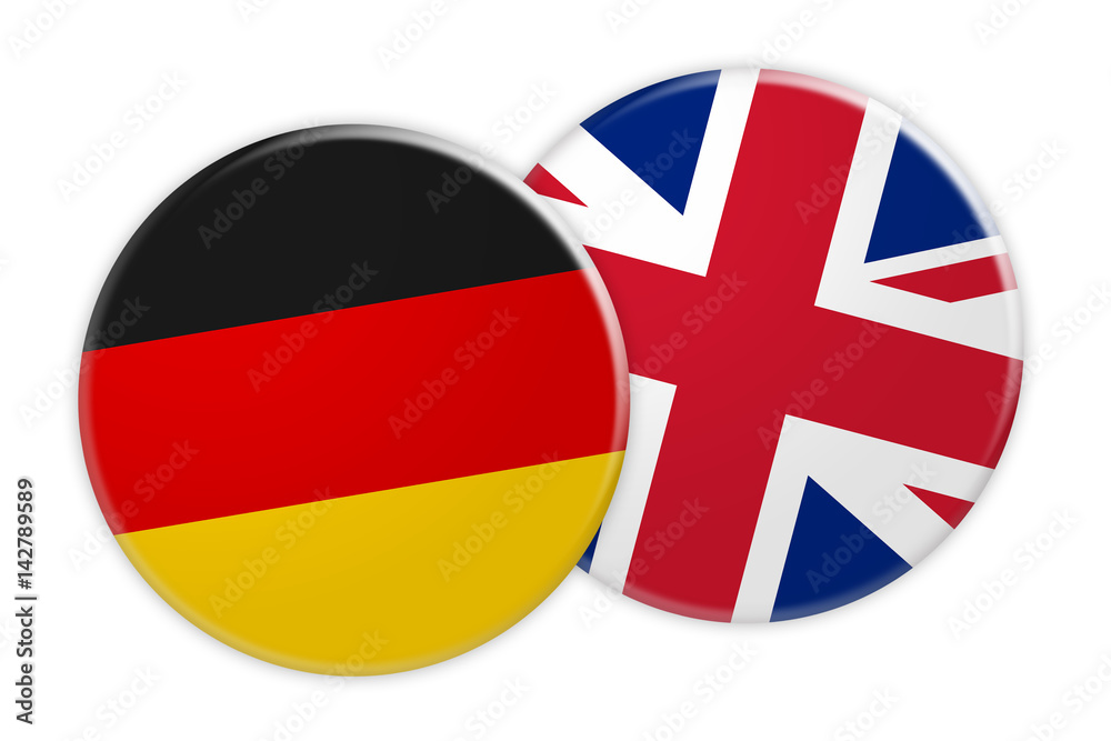 News Concept: Germany Flag Button On UK Flag Button, 3d illustration on white background News Concept: Germany Flag Button On UK Flag Button, 3d illustration on white background