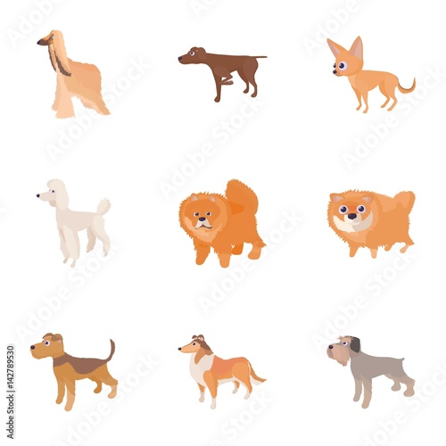 Types of dogs icons set  cartoon style