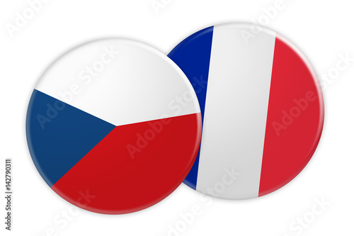 News Concept: Czech Republic Flag Button On France Flag Button, 3d illustration on white background