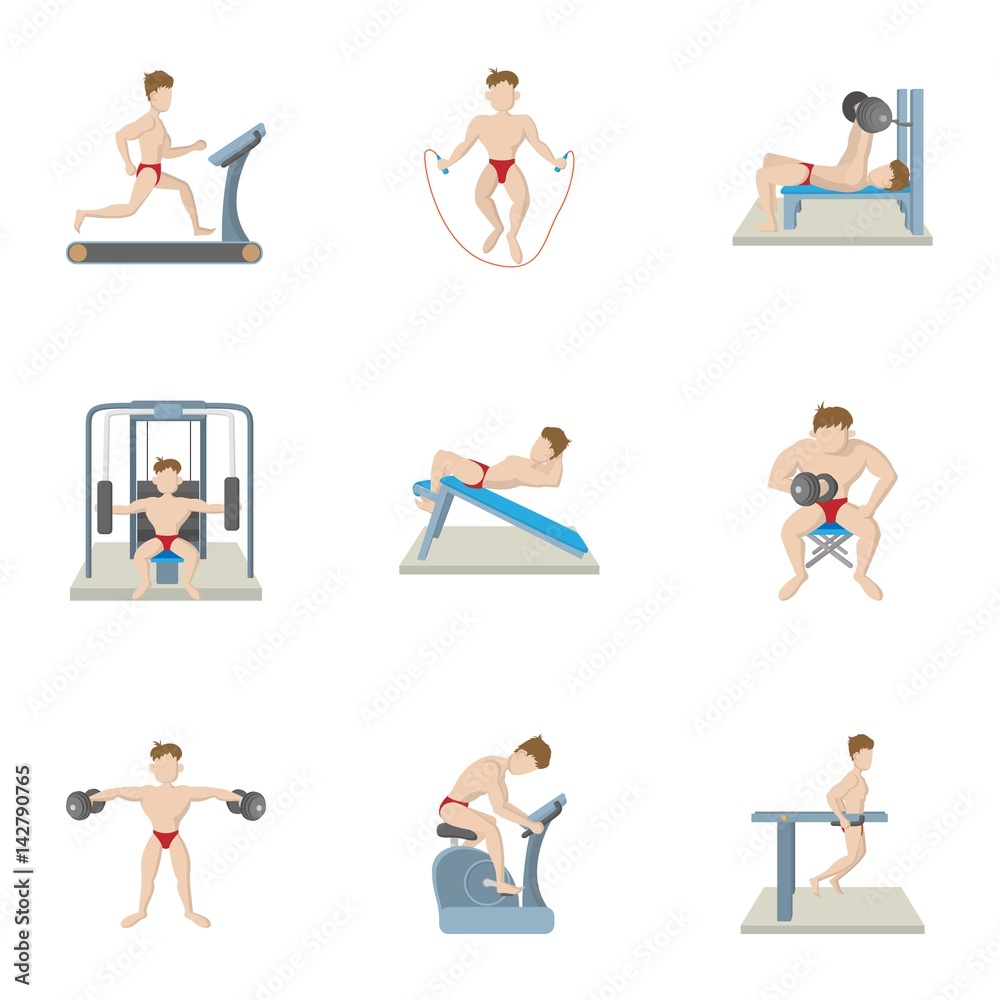 Types of exercises in gym icons set, cartoon style