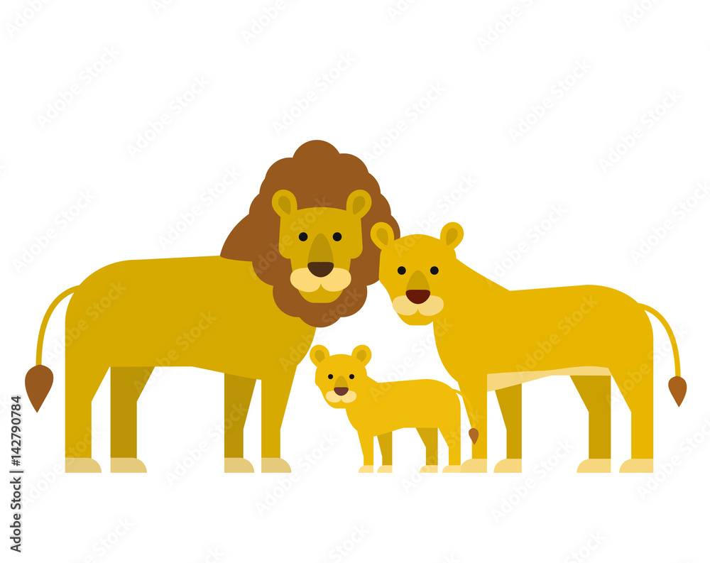 cartoon lions family in flat style on white background cartoon lions family in flat style on white background