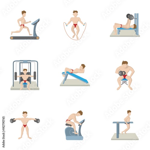 Types of exercises in gym icons set, cartoon style