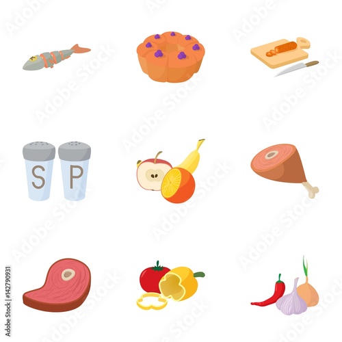 Food supply icons set, cartoon style