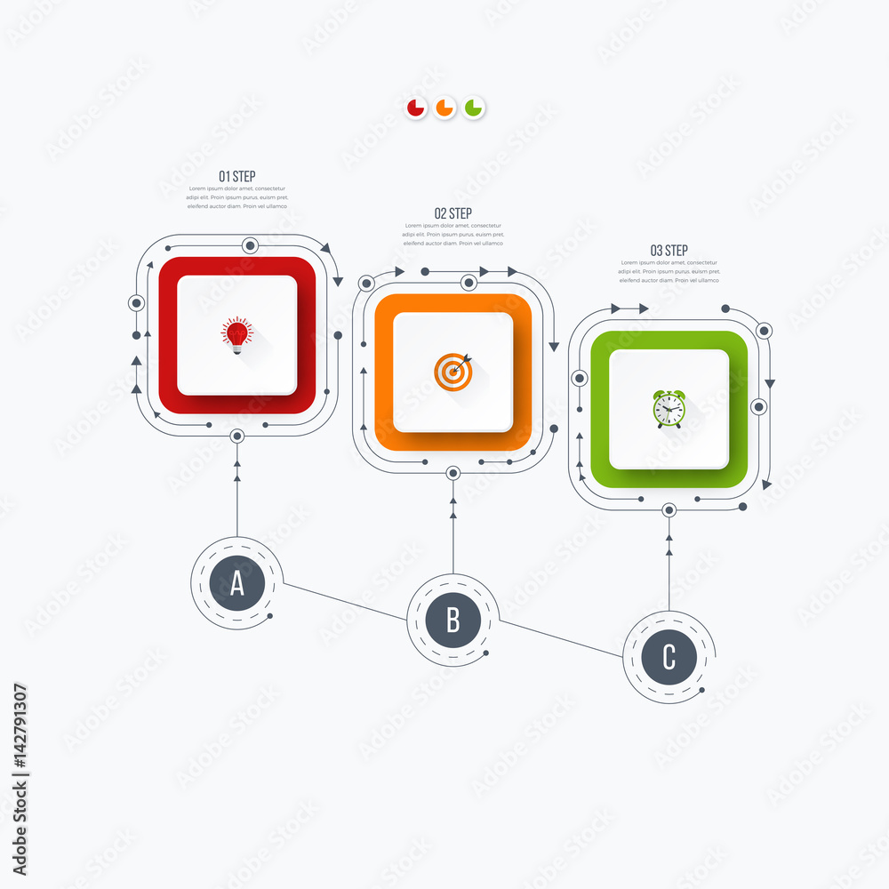 Infographics template 3 options with square