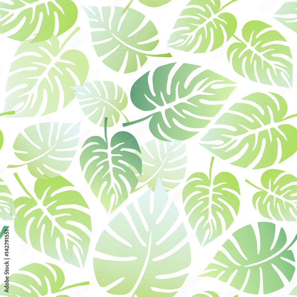 Exotic tropical green plant leaves. Stylized monstera leaves. Seamless floral pattern on white background Exotic tropical green plant leaves. Stylized monstera leaves. Seamless floral pattern on white background