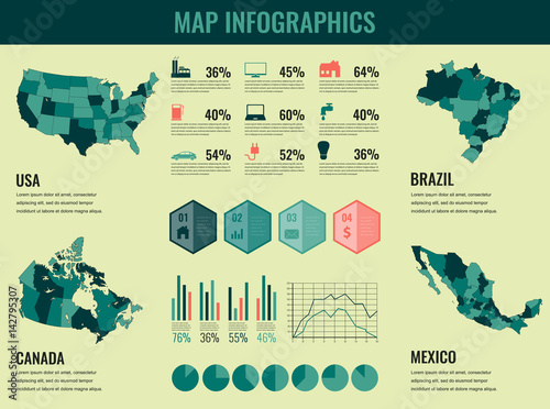 Infographics Elements set with collection Maps of America. USA, Canada, Brazil, Mexico infographics maps. Vector