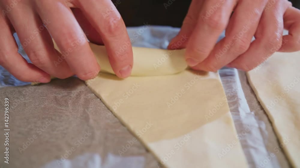 Hand made domestic bakery. Baker rolls and cooks diy french croissants with cherry berries. Hand made domestic bakery. Baker rolls and cooks diy french croissants with cherry berries.