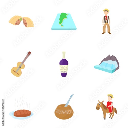 Attractions of Argentina icons set, cartoon style
