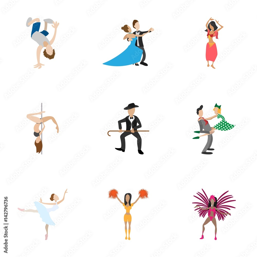 Dancing icons set, cartoon style Dancing icons set, cartoon style