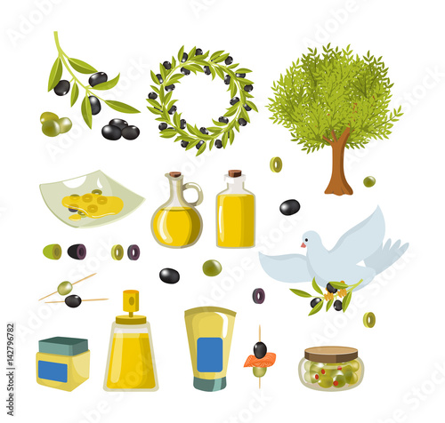 Olive isolated icon set with products and decorations from olives.