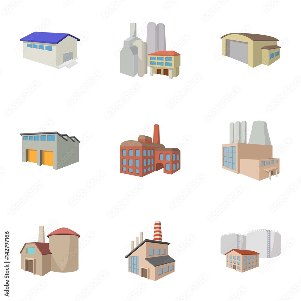 Industrial complex icons set, cartoon style Industrial complex icons set, cartoon style