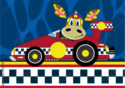 Cartoon Giraffe Racing Car Driver