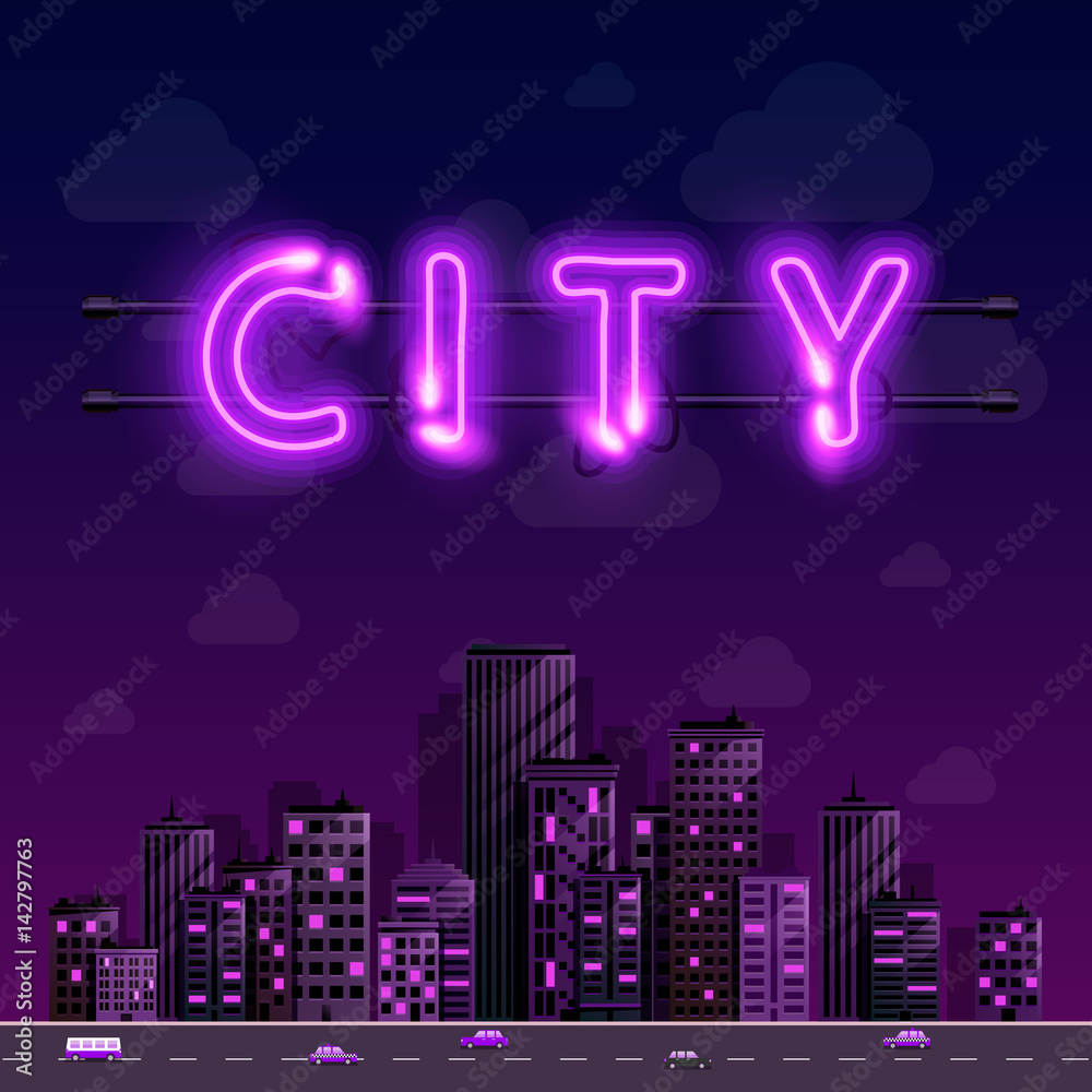 Fototapeta premium Neon night city background cover retro, Vector illustration