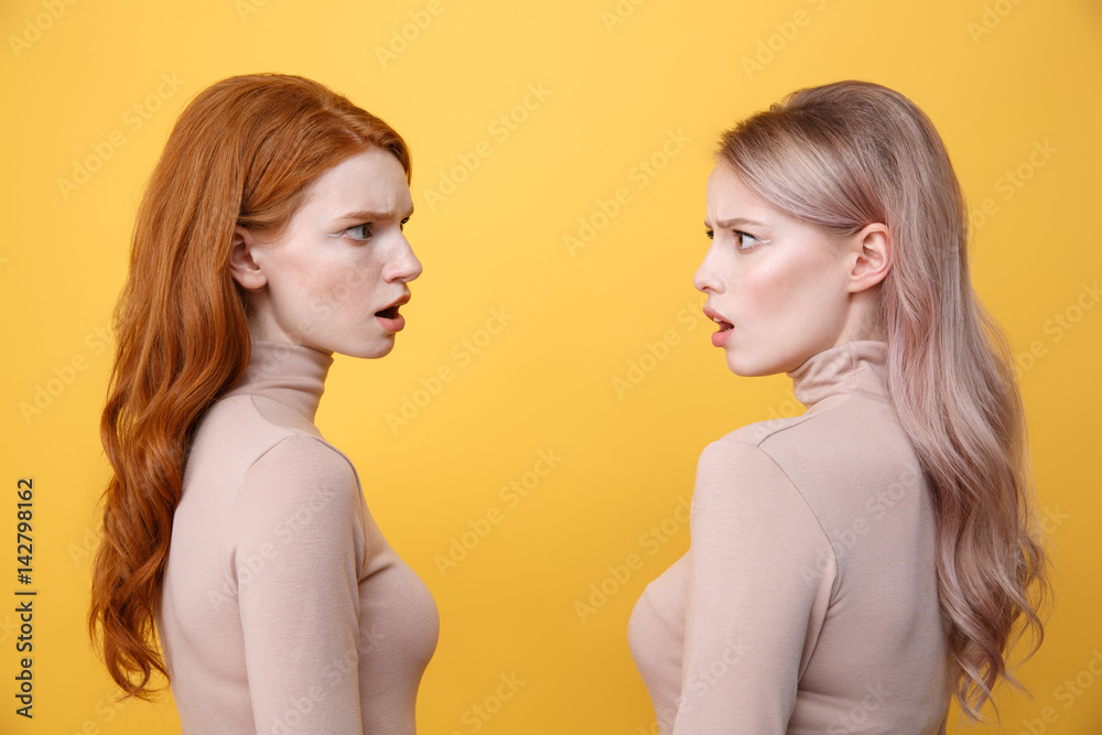 Side view picture of confused young two ladies Side view picture of confused young two ladies