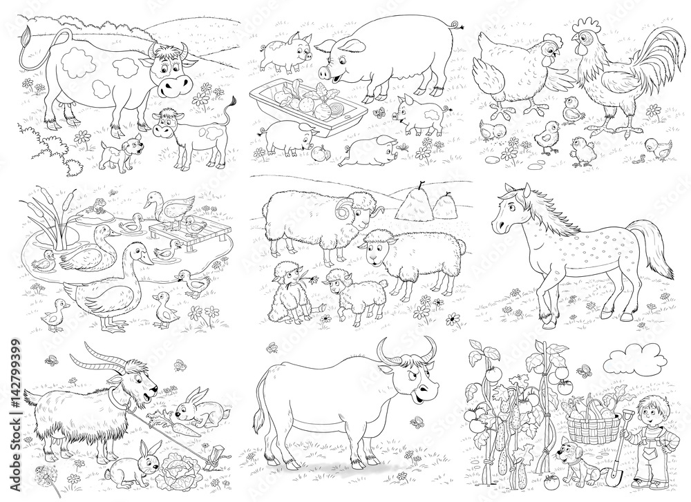 At the farm. Set of illustrations cute farm animals and vegetable garden. Coloring page At the farm. Set of illustrations cute farm animals and vegetable garden. Coloring page