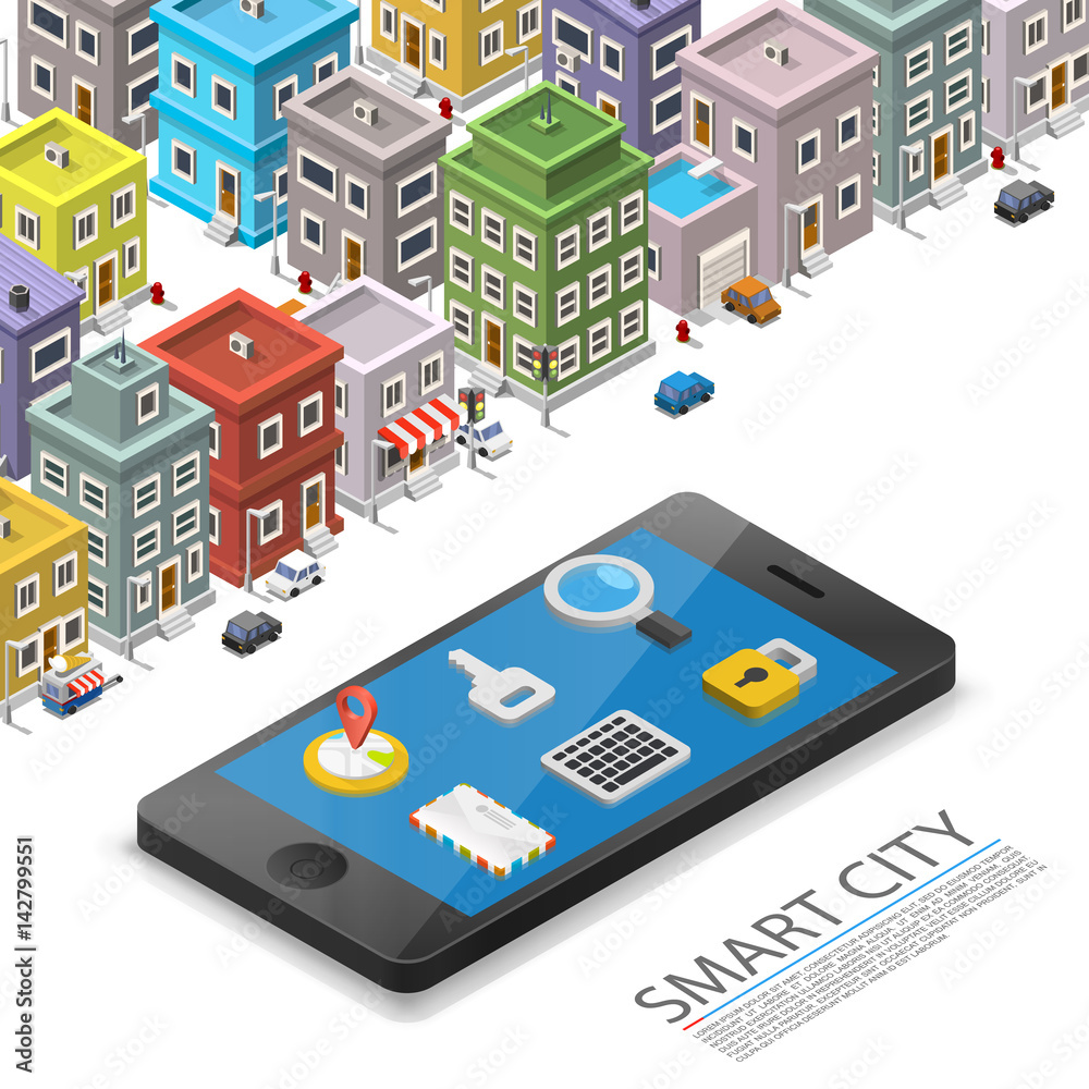 Fototapeta premium Smart city isometric, app device mark, object on a white background, Vector illustration
