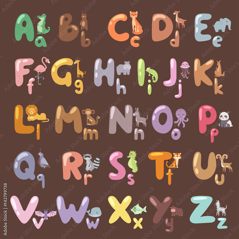 Cute zoo alphabet with cartoon animals isolated and funny letters wildlife learn typography cute language vector illustration. Cute zoo alphabet with cartoon animals isolated and funny letters wildlife learn typography cute language vector illustration.