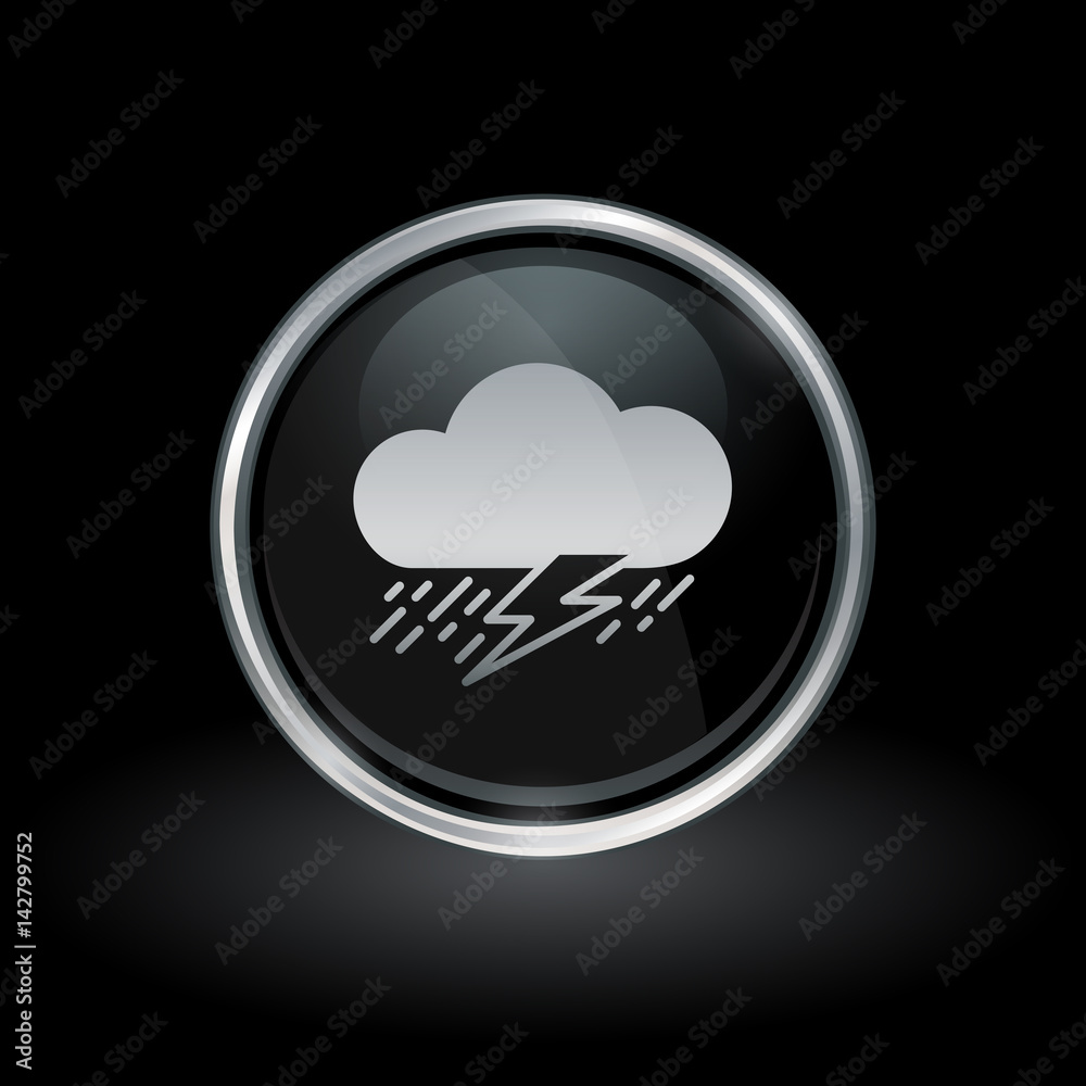 Rainstorm symbol with cloud, lightning bolt and rain icon inside round chrome silver and black button emblem on black background. Vector illustration. Rainstorm symbol with cloud, lightning bolt and rain icon inside round chrome silver and black button emblem on black background. Vector illustration.