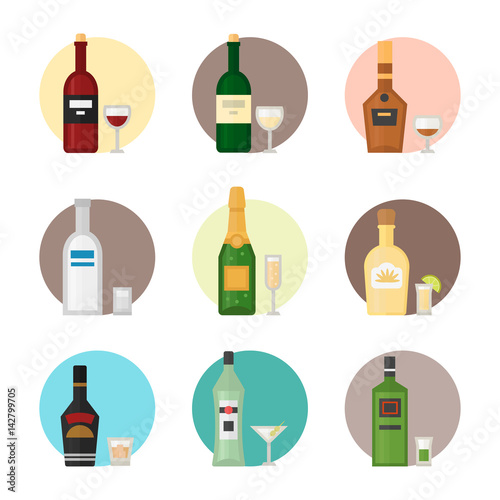 Alcohol drinks beverages cocktail whiskey drink bottle lager refreshment container and menu drunk concept different bottle and glasses vector illustration.