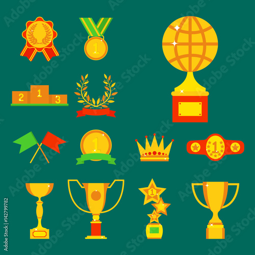 Vector trophy champion cup flat icon winner gold award and victory prize sport success best win golden leadership competition illustration.