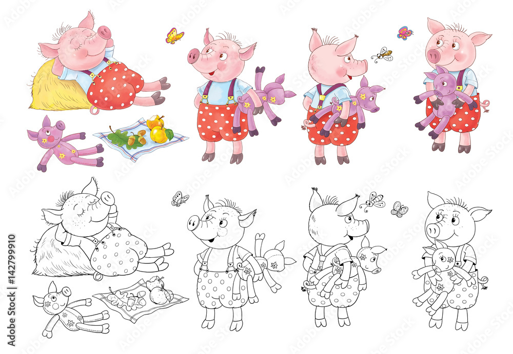 Three little pigs. Fairy tale. Illustration for children. Coloring page. Cute and funny cartoon characters
