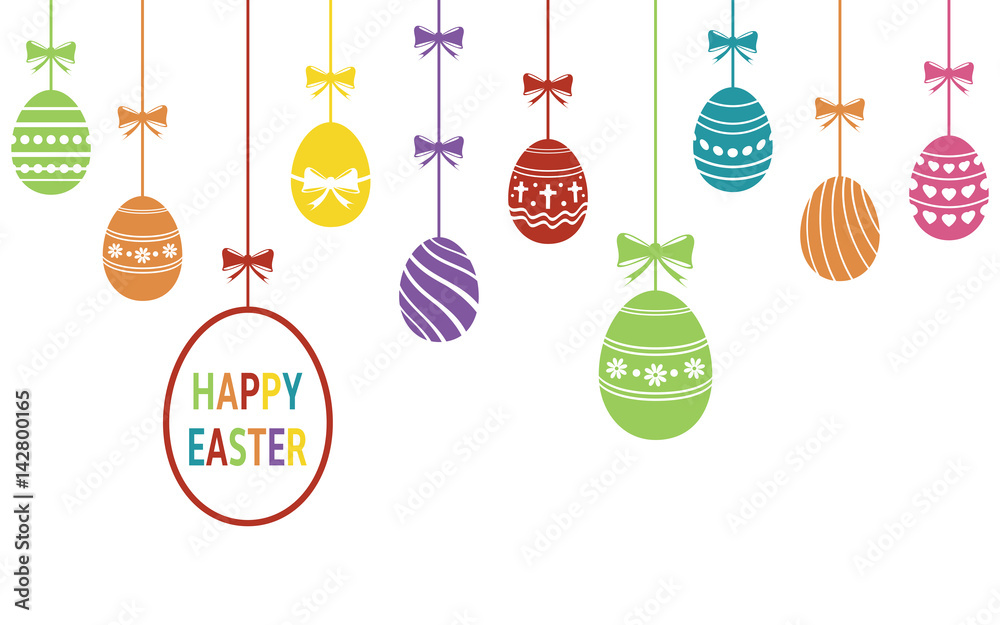 Hanging colored easter eggs ornaments. Easter holiday background
