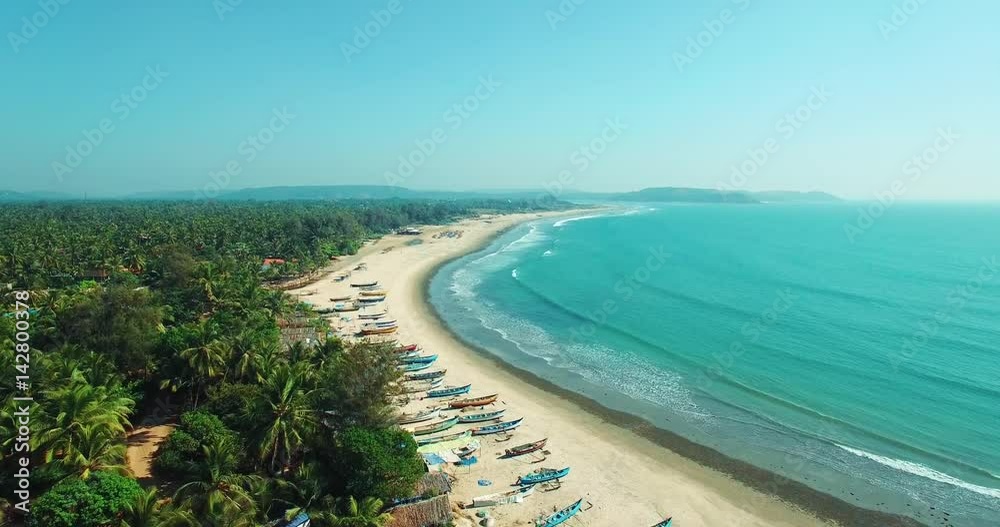 Aerial view of beach in Mandrem Goa, India.