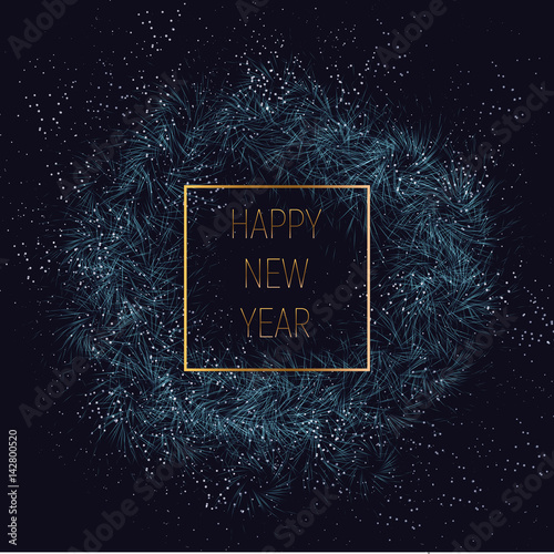 Happy new year 2018 with blue or green and gold frame. lights wreath of fir branches