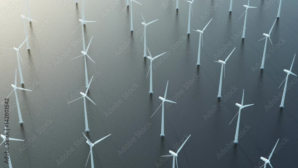 4K Seamless Looping Animatoin of Modern Wind Turbines in the Sea. Aerial View