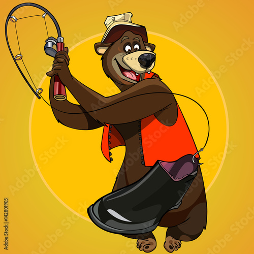 cartoon character bear fisherman caught the bait boot