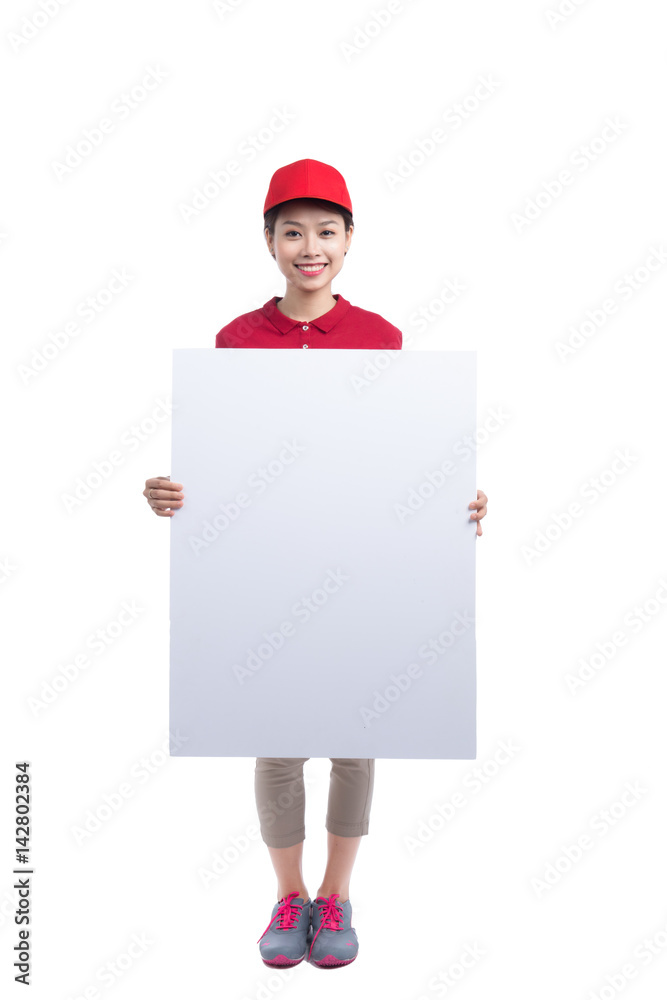 Portrait of delivery woman holding white board isolated on white background. Portrait of delivery woman holding white board isolated on white background.